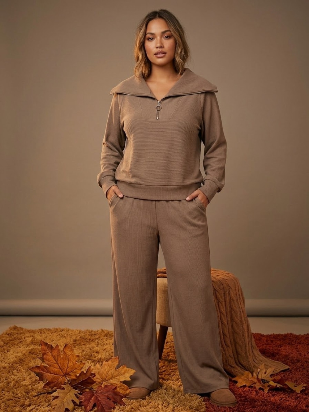 Umgee Cozy Wide-Leg Lounge Pants in Taupe